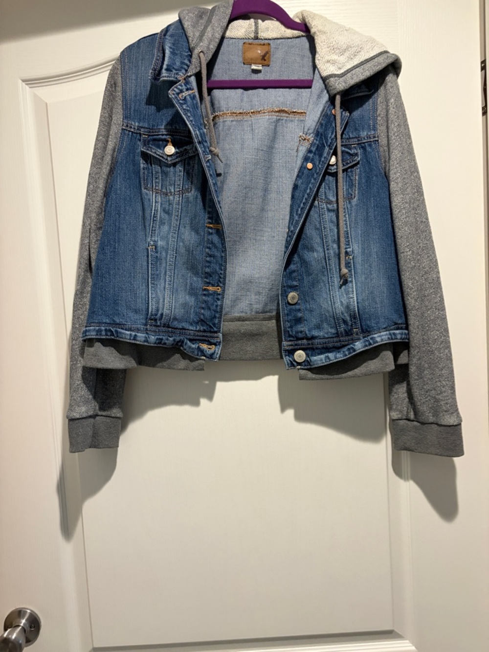 American Eagle Outfitters Blue Denim Jacket with Gray Hoodie Sleeves